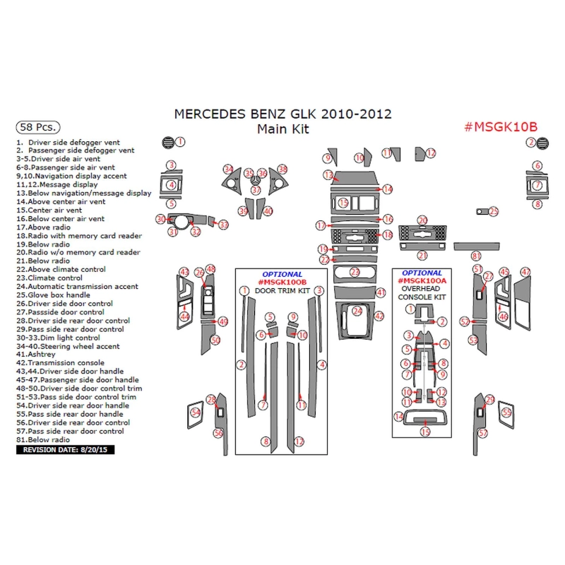Mercedes-Benz GLK X204 2009-2016 kit rivestimento cruscotto e interni 3D 56 pezzi