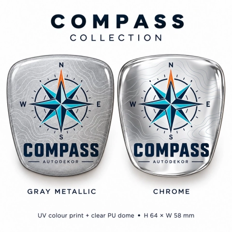 AutoDekor Compass – inserto adesivo per emblema della griglia | pellicola vinilica grigio metallizzato | 64 × 58 mm