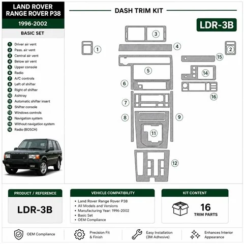 Land Rover Range Rover 1996-2002 set base, compatibile OEM kit cruscotto 3D, 16 pezzi