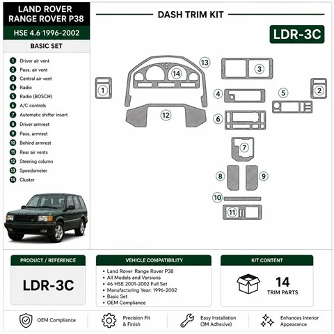 Land Rover Range Rover P38 1996-2002 46 HSE 2001-2002 set completo kit cruscotto 3D, 14 pezzi