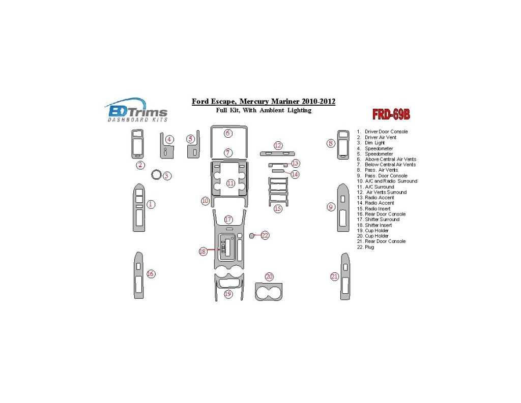 Ford Escape 2010-2012 Full Set With lighting Ambient lighting Cruscotto BD Rivestimenti interni