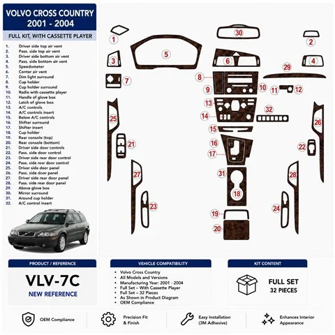 Volvo Cross Country 2001-2004 set completo; con Compact Casette player; OEM Compliance kit rivestimento cruscotto e interni 3D 2