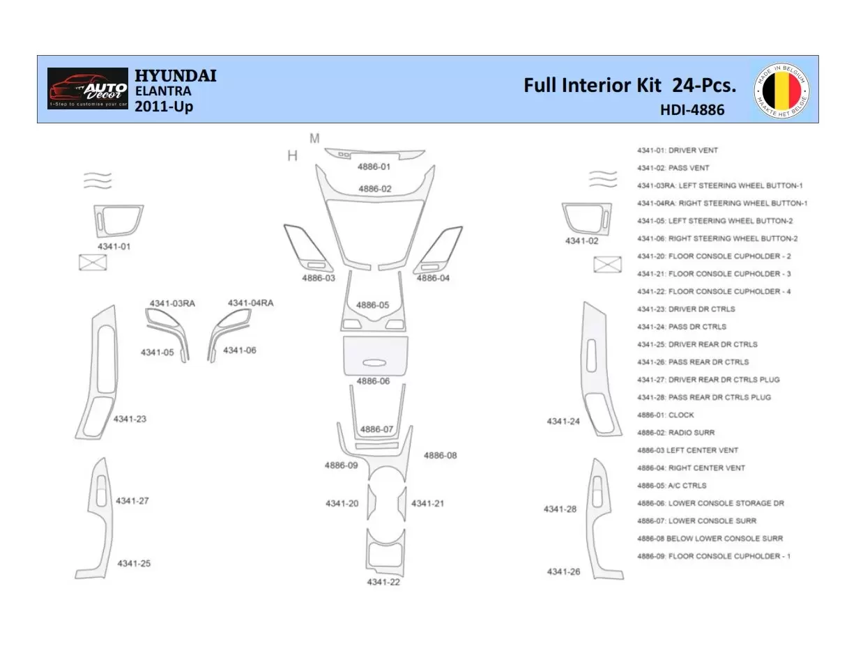 Hyundai Elantra 2010-2015 Mascherine sagomate per rivestimento cruscotti 24 Decori
