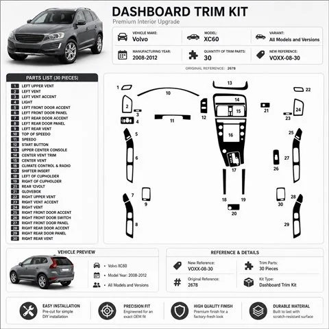 Volvo XC60 2008-2012 kit rivestimento cruscotto e interni 3D 30 pezzi 2