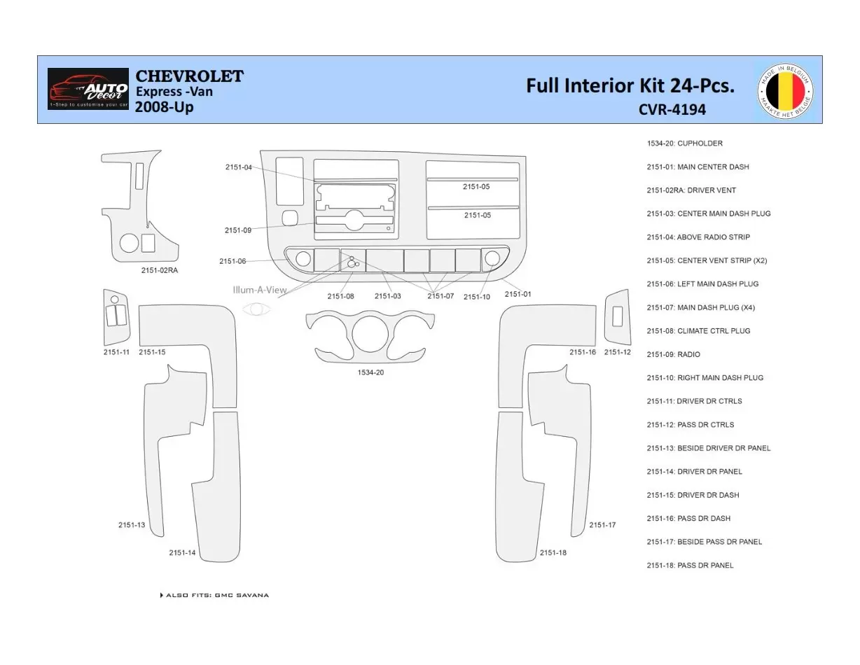 Chevrolet Express 2008-2020 Mascherine sagomate per rivestimento cruscotti 24 Decori