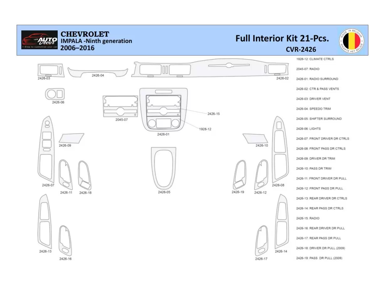 Chevrolet Impala 2006-2015 Mascherine sagomate per rivestimento cruscotti 21 Decori