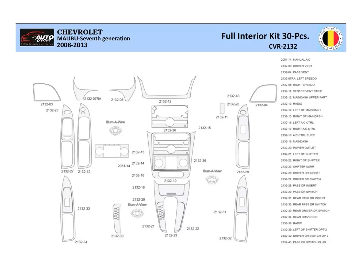 Chevrolet Malibu 2008-2012 Mascherine sagomate per rivestimento cruscotti 30 Decori