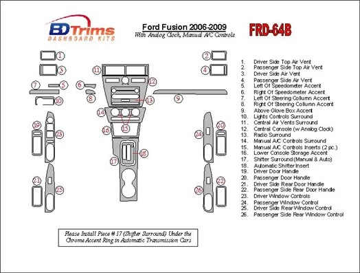 Ford Fusion 2006-2009 With Analogue Clock, Manual Gearbox A/C Controls Cruscotto BD Rivestimenti interni