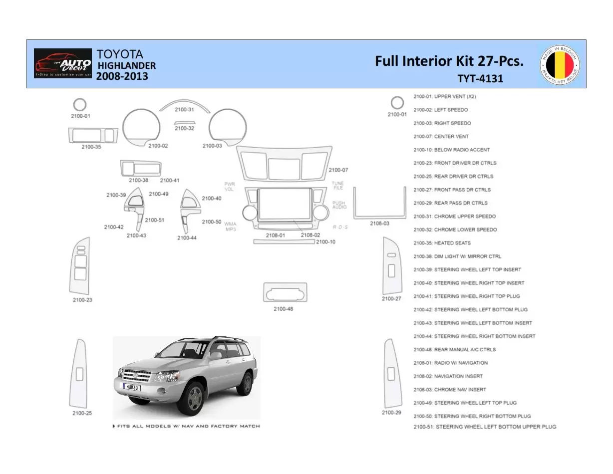 Toyota Highlander 2008-2013 Mascherine sagomate per rivestimento cruscotti 27 Decori