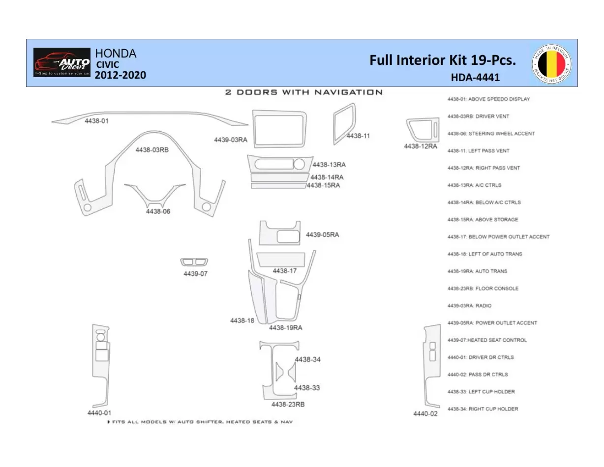 Honda Civic X 2012-2015 Kit rivestimento cruscotto interno WHZ 20 pezzi