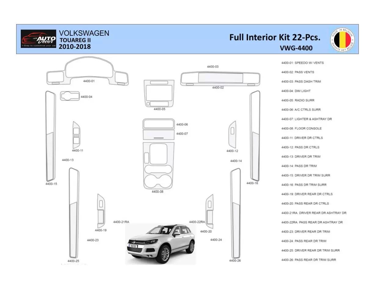 Volkswagen Touareg II 2010-2018 Mascherine sagomate per rivestimento cruscotti 22 Decori