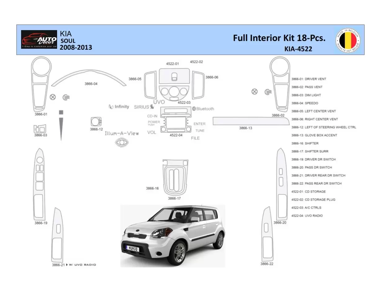 KIA Soul 2011 Mascherine sagomate per rivestimento cruscotti 22 Decori