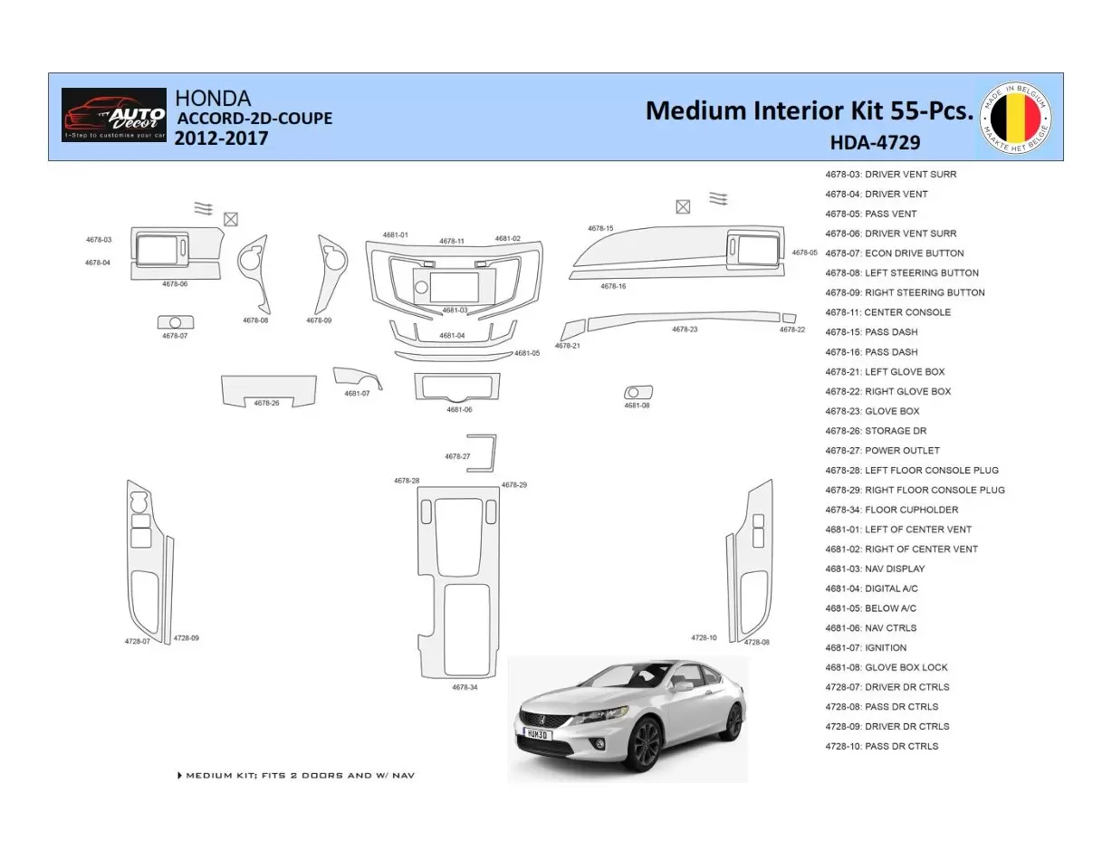 Honda Accord 2014-2022 Mascherine sagomate per rivestimento cruscotti 30 Decori