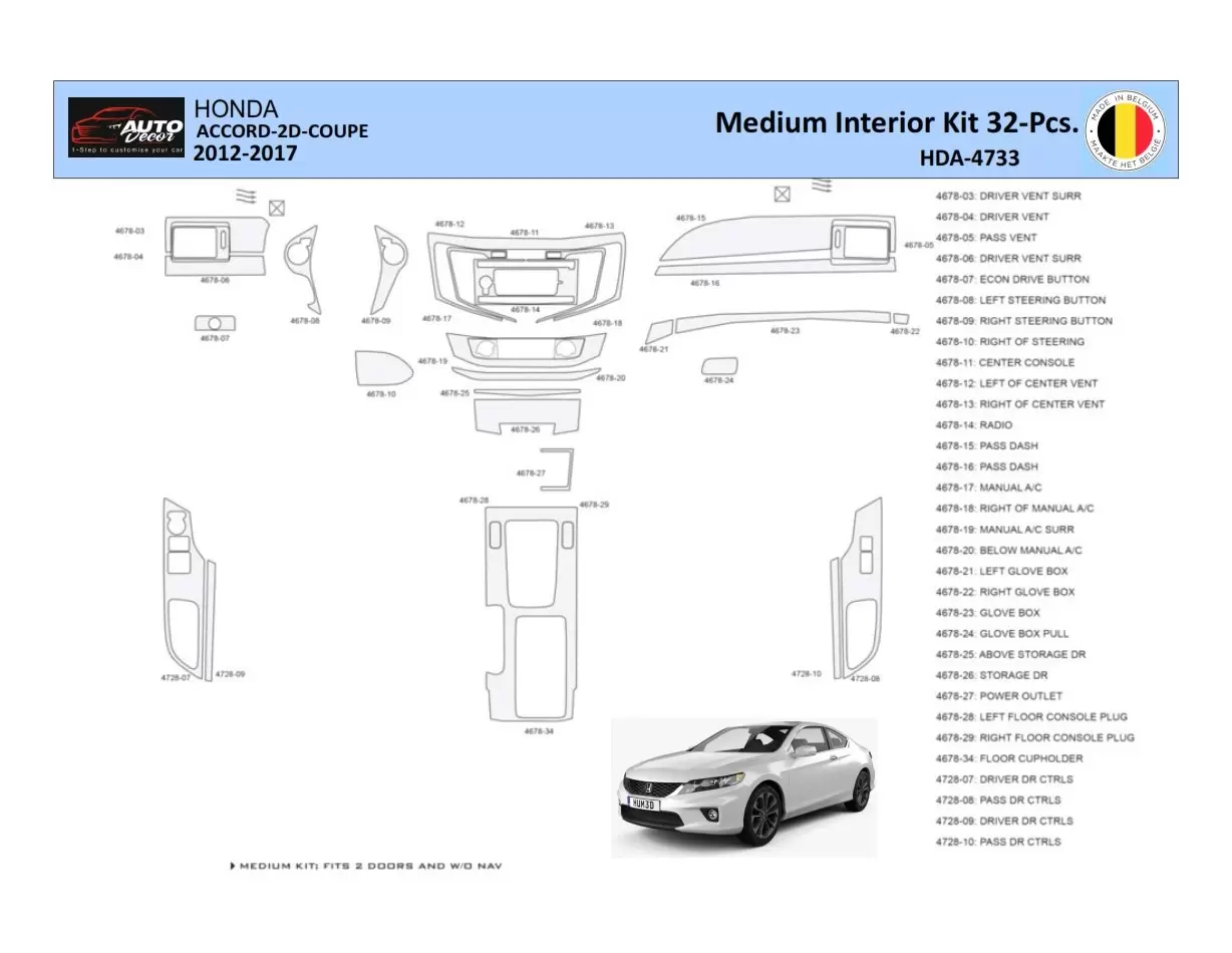 Honda Accord 2014-2022 Mascherine sagomate per rivestimento cruscotti 32 Decori