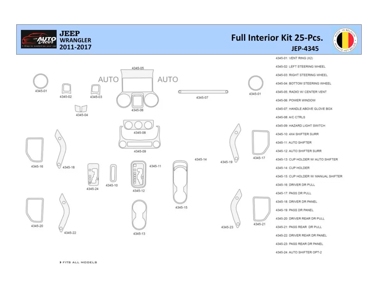 Jeep Wrangler 2011-2017 Mascherine sagomate per rivestimento cruscotti 25 Decori