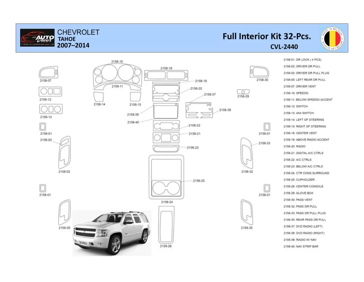 Chevrolet Tahoe 2007-2014 Mascherine sagomate per rivestimento cruscotti 32 Decori