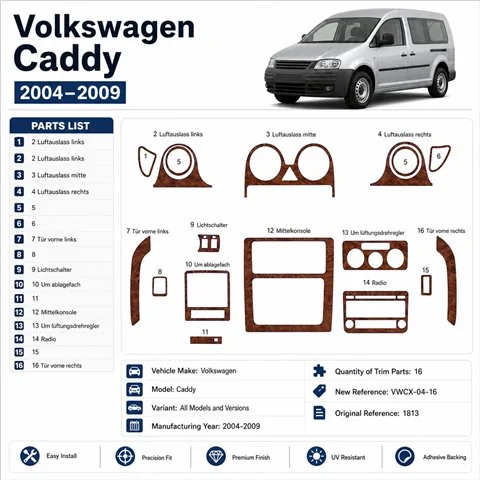 Volkswagen Caddy 2004-2009 kit cruscotto 3D, 16 pezzi