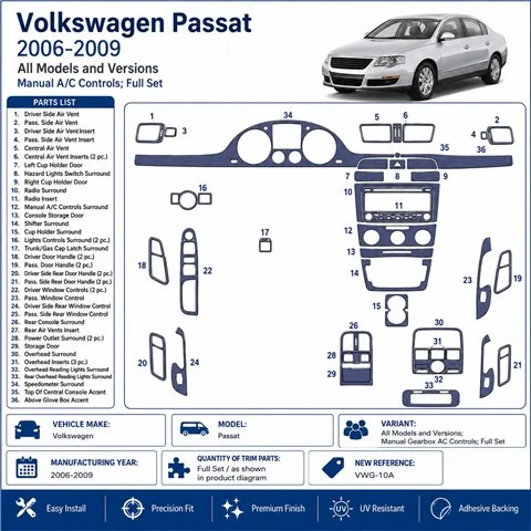Volkswagen Passat 2006-2009 cambio manuale AC Controls, set completo kit cruscotto 3D