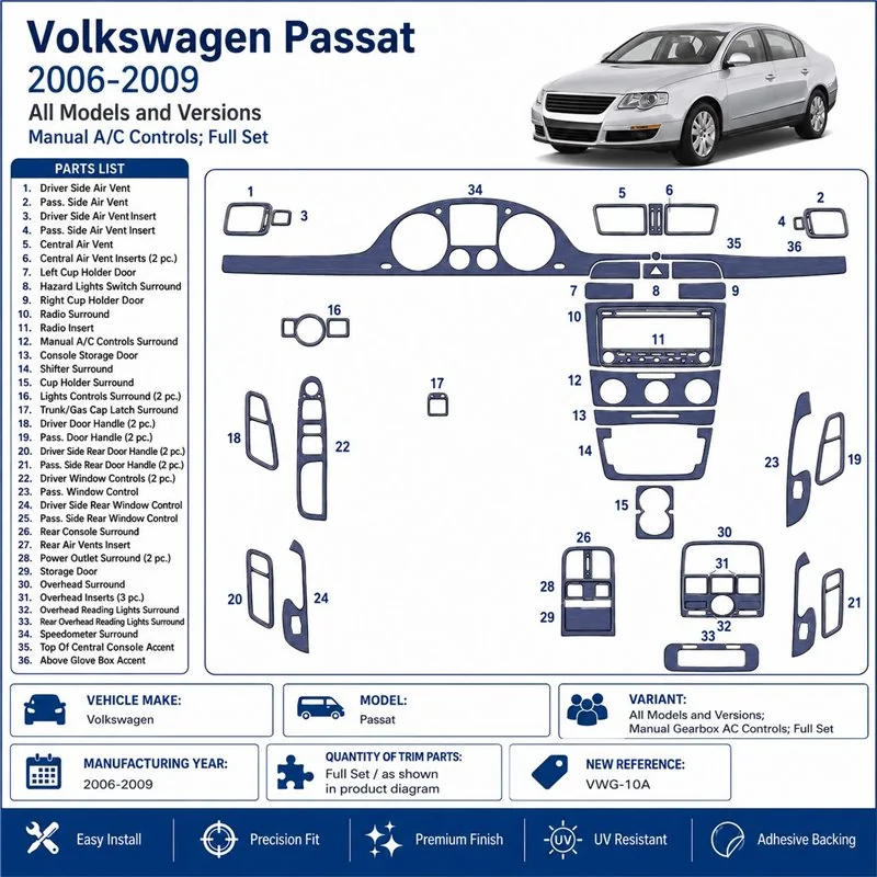 Volkswagen Passat 2006-2009 cambio manuale AC Controls, set completo kit cruscotto 3D
