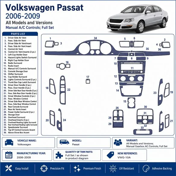 Volkswagen Passat 2006-2009 cambio manuale AC Controls, set completo kit cruscotto 3D