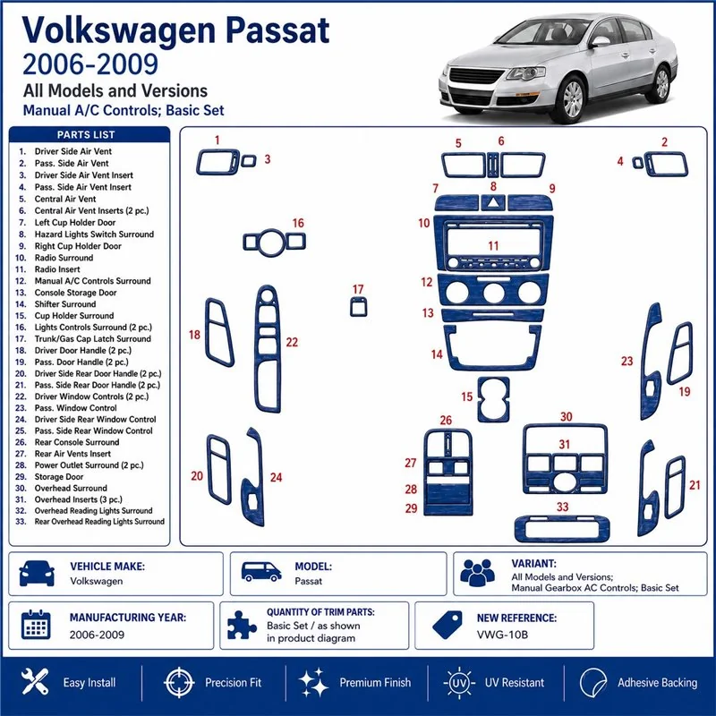 Volkswagen Passat 2006-2009 cambio manuale AC Controls, set base kit cruscotto 3D