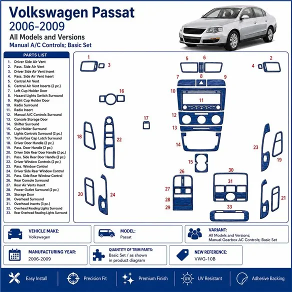 Volkswagen Passat 2006-2009 cambio manuale AC Controls, set base kit cruscotto 3D