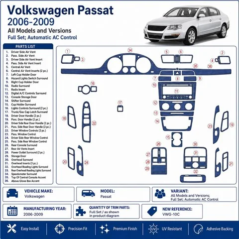 Volkswagen Passat 2006-2009 set completo, Automatic AC Control kit cruscotto 3D