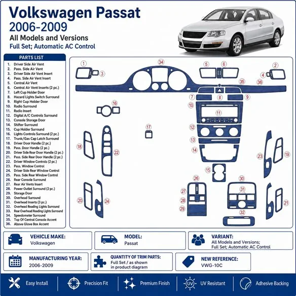 Volkswagen Passat 2006-2009 set completo, Automatic AC Control kit cruscotto 3D