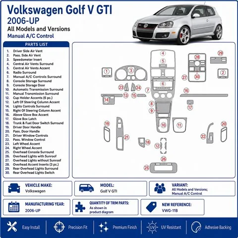 Volkswagen Golf V GTI 2006+ cambio manuale A/C Control kit cruscotto 3D