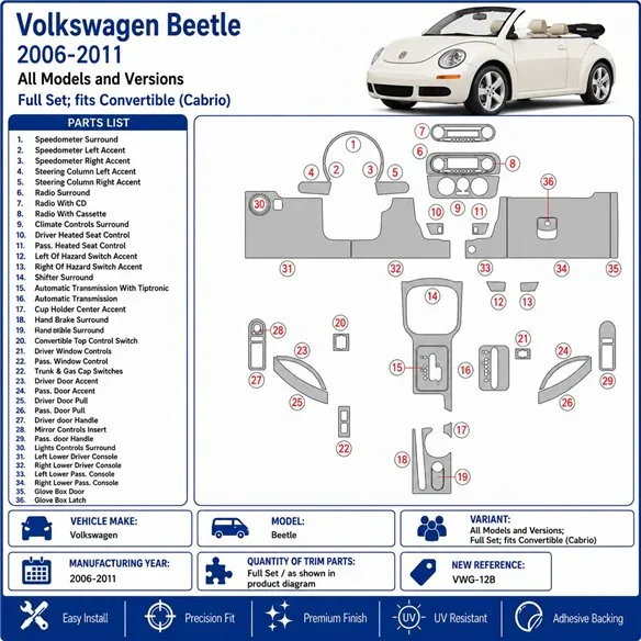 Volkswagen Beetle 2006-2011 set completo, fits (Cabrio) kit cruscotto 3D