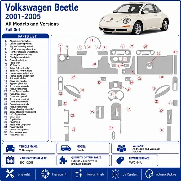 Volkswagen Beetle 2001-2005 set completo kit cruscotto 3D