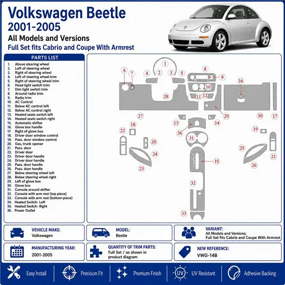 Volkswagen Beetle 2001-2005 set completo fits Cabrio and Coupe con bracciolo kit cruscotto 3D