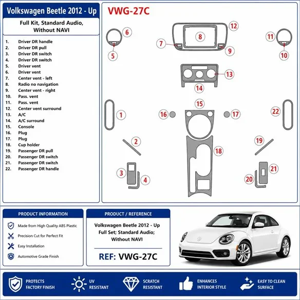 Volkswagen Beetle 2012+ set completo, Standard Audio, senza navigazione kit cruscotto 3D