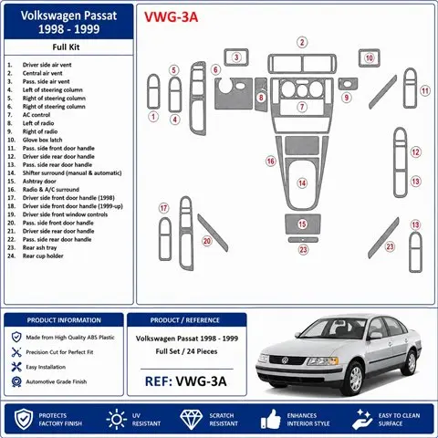 Volkswagen Passat 1998-1999 set completo kit cruscotto 3D, 24 pezzi