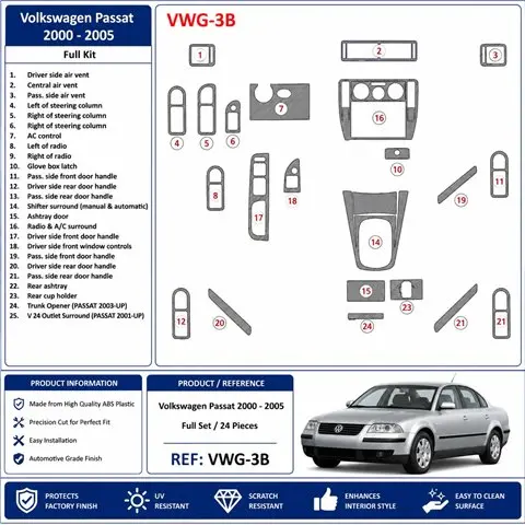 Volkswagen Passat 2000-2005 set completo kit cruscotto 3D, 24 pezzi