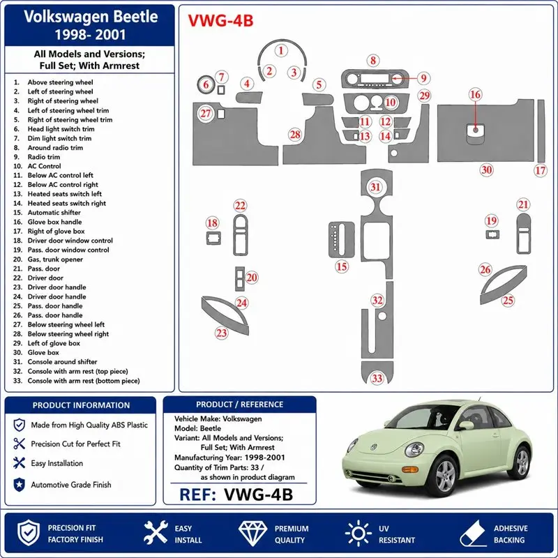 Volkswagen Beetle 1998-2001 set completo, con bracciolo kit cruscotto 3D, 33 pezzi