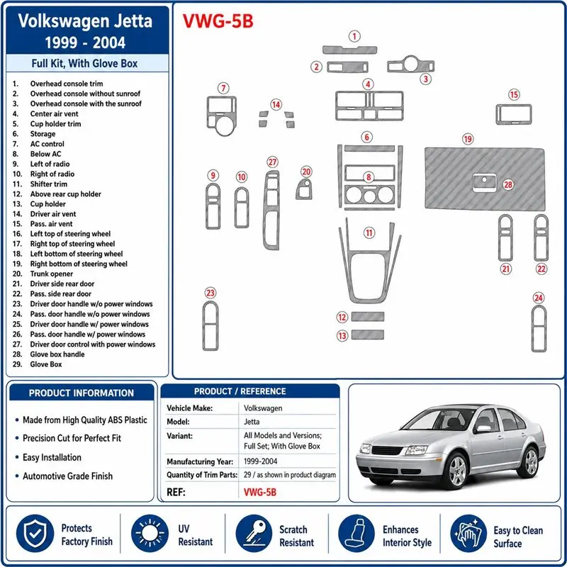 Volkswagen Jetta 1999-2004 set completo, with glove-box kit cruscotto 3D, 29 pezzi