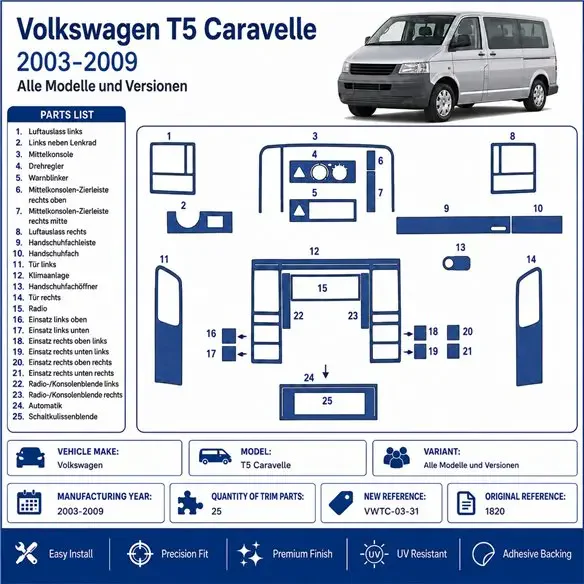 Volkswagen T5 Carevella 2003-2009 kit cruscotto 3D, 25 pezzi