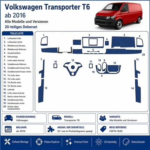 Volkswagen Transporter T6 2016 kit cruscotto 3D, 20 pezzi 2