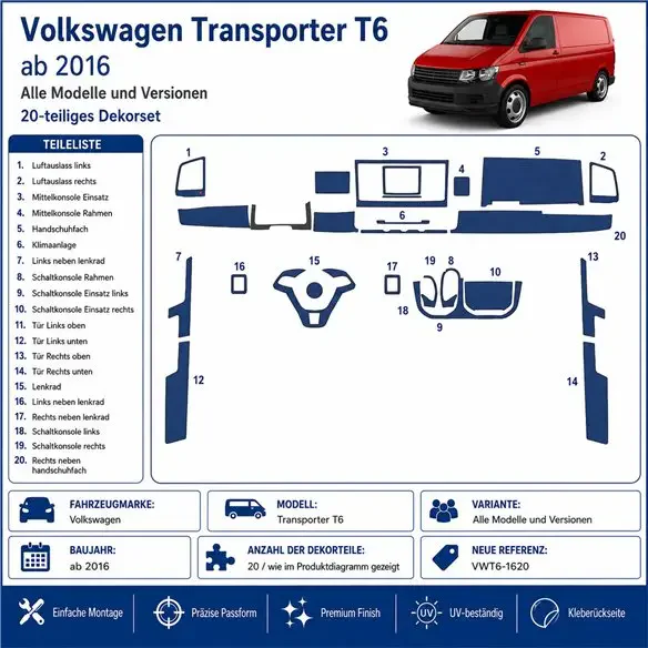 Volkswagen Transporter T6 2016 kit cruscotto 3D, 20 pezzi
