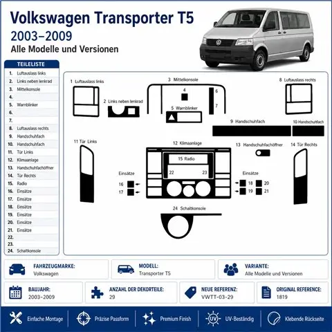 Volkswagen Transporter T5 2003-2009 kit cruscotto 3D, 29 pezzi 2