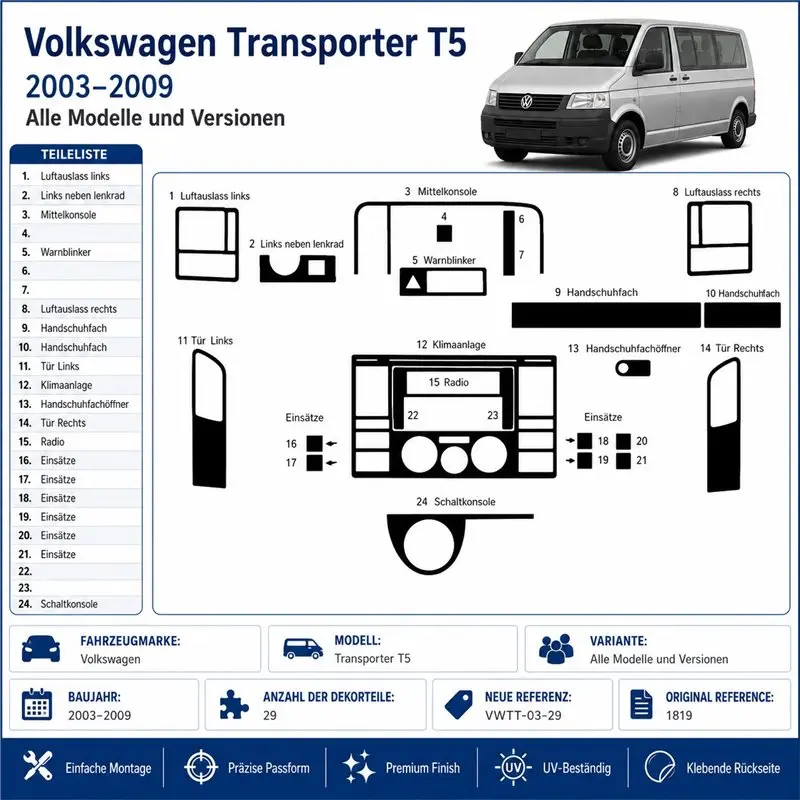 Volkswagen Transporter T5 2003-2009 kit cruscotto 3D, 29 pezzi