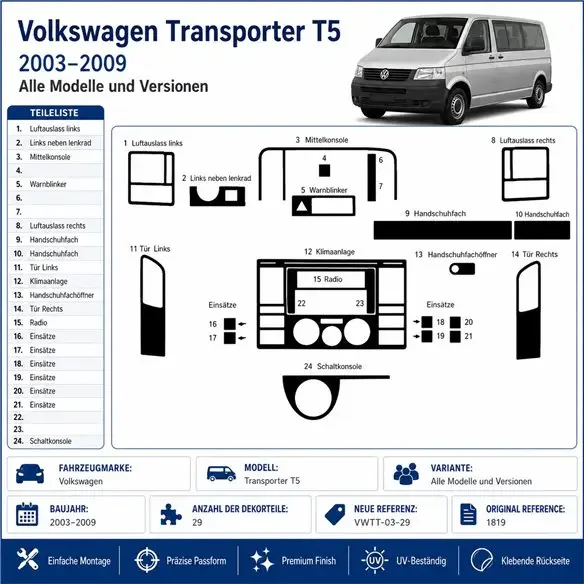 Volkswagen Transporter T5 2003-2009 kit cruscotto 3D, 29 pezzi