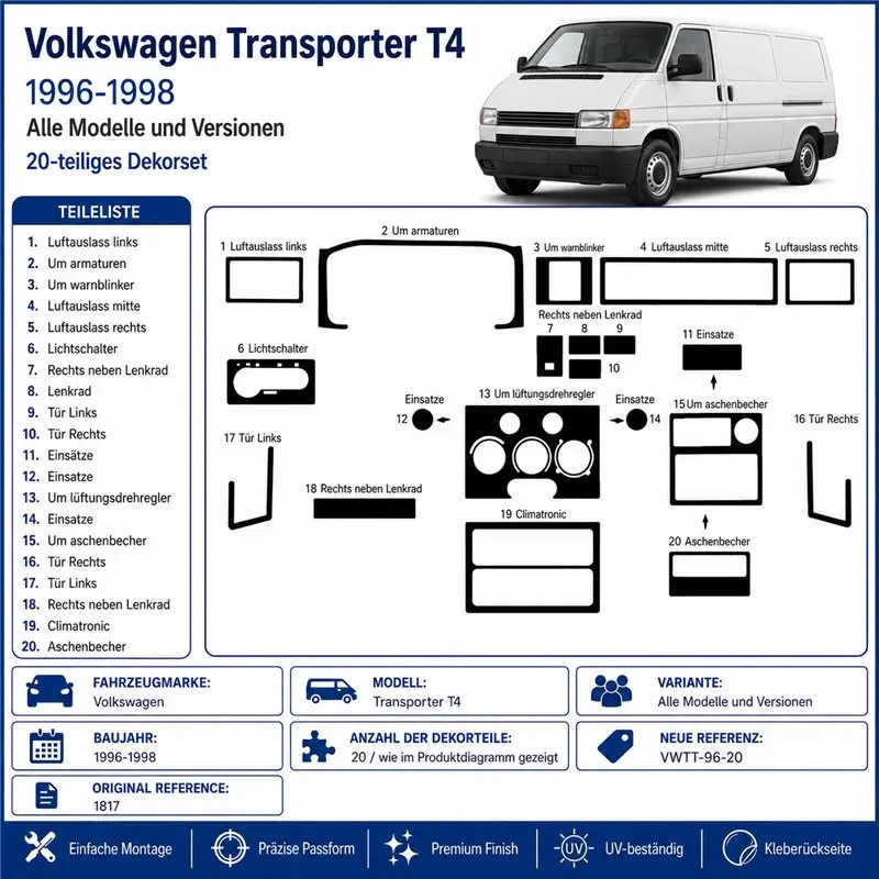 Volkswagen Transporter T4 1996-1998 kit cruscotto 3D, 20 pezzi