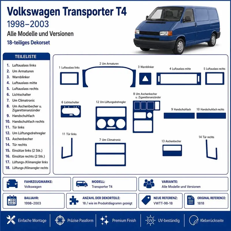 Volkswagen Transporter T4 1998-2003 kit cruscotto 3D, 18 pezzi