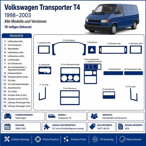 Volkswagen Transporter T4 1998-2003 kit cruscotto 3D, 18 pezzi