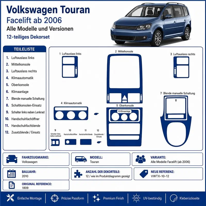 Volkswagen Touran 2010 kit cruscotto 3D, 12 pezzi