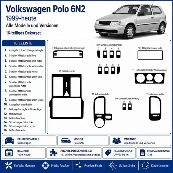 Volkswagen Polo 6N2 1999+-08 01 kit cruscotto 3D, 16 pezzi