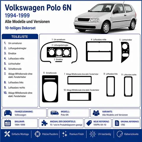 Volkswagen Polo 6N 1994-1999 kit cruscotto 3D, 10 pezzi 2