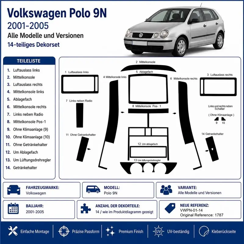Volkswagen Polo 9N 2001-2005 kit cruscotto 3D, 14 pezzi